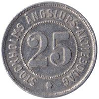 Транспортный жетон. Паром. 25 Stockholms Ångslups Aktiebolag. Стокгольм, Швеция. 