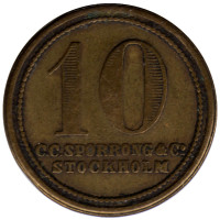Жетон. 10 Öre - K.D.M. C.C. SPORRONG & CO Stockholm. Стокгольм, Швеция.